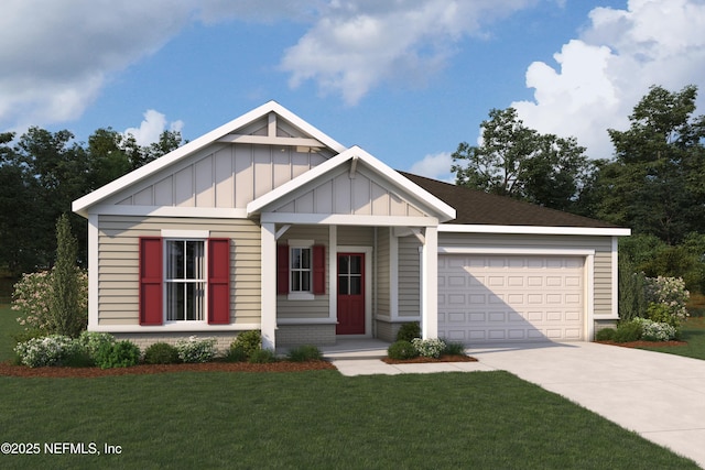 386 Palomar Dr, Saint Johns, FL 32259 - view of front of house with board and batten siding, concrete driveway, an attached garage, a front yard, and brick siding