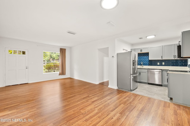 1927 Lakewood Cir N, Jacksonville, FL 32207 - kitchen featuring appliances with stainless steel finishes, gray cabinets, light countertops, and light wood-style flooring