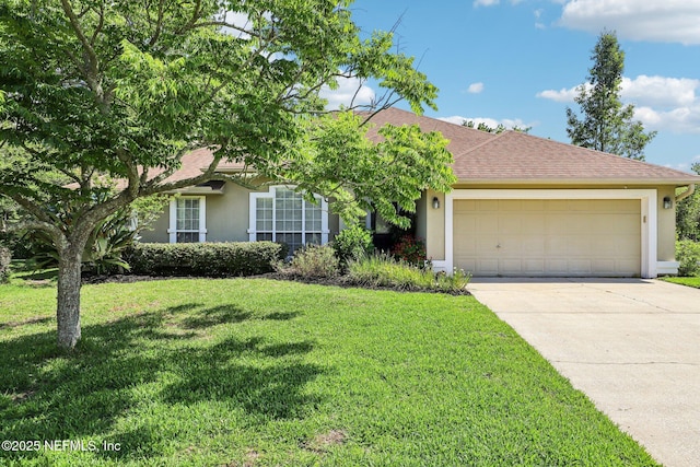 1708 Bridled Tern Ct, Fleming Island, FL 32003 - view of front of property with stucco siding, a garage, driveway, a front lawn, and roof with shingles
