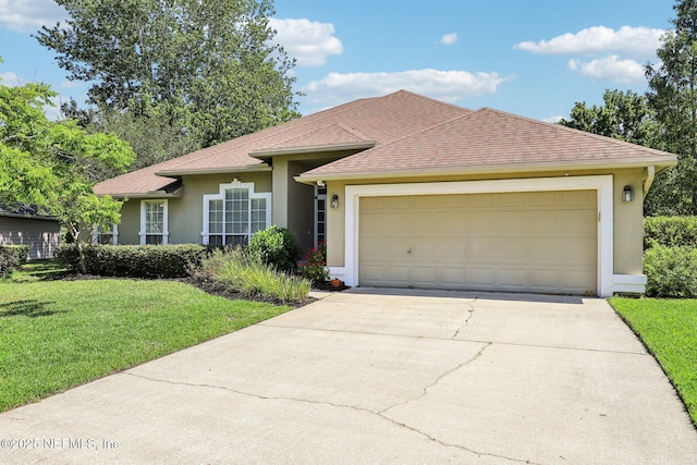 1708 Bridled Tern Ct, Fleming Island, FL 32003 - ranch-style home with stucco siding, driveway, a front yard, a garage, and a shingled roof