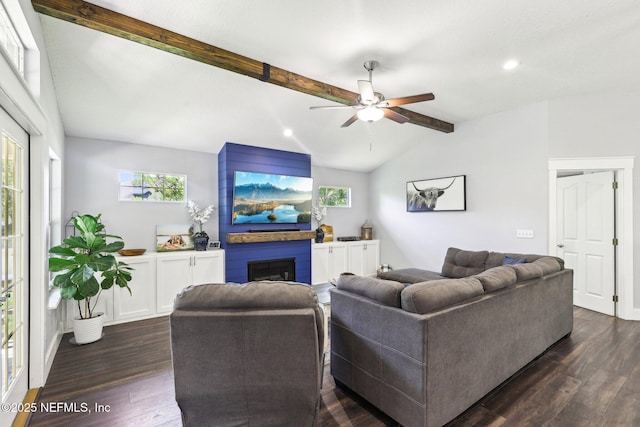1708 Bridled Tern Ct, Fleming Island, FL 32003 - living area featuring a ceiling fan, dark wood-style flooring, a large fireplace, plenty of natural light, and recessed lighting