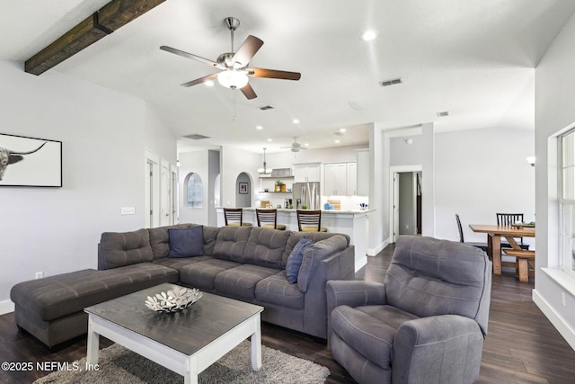 1708 Bridled Tern Ct, Fleming Island, FL 32003 - living area with ceiling fan, dark wood-type flooring, baseboards, recessed lighting, and beamed ceiling