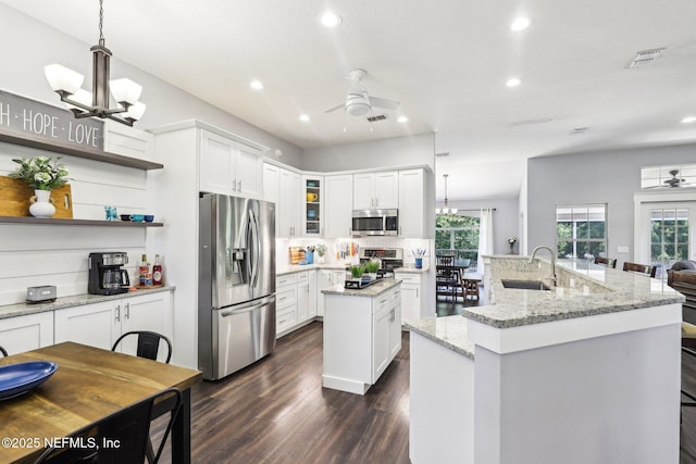 1708 Bridled Tern Ct, Fleming Island, FL 32003 - kitchen with stainless steel appliances, an island with sink, dark wood-style floors, a sink, and ceiling fan
