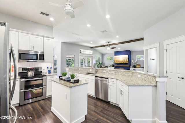 1708 Bridled Tern Ct, Fleming Island, FL 32003 - kitchen featuring stainless steel appliances, ceiling fan, a large island, a sink, and decorative backsplash