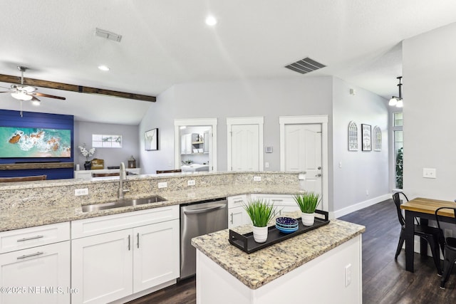 1708 Bridled Tern Ct, Fleming Island, FL 32003 - kitchen with a sink, dishwasher, dark wood-style floors, white cabinets, and ceiling fan