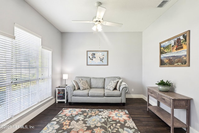 1708 Bridled Tern Ct, Fleming Island, FL 32003 - living room with ceiling fan, dark wood finished floors, and baseboards