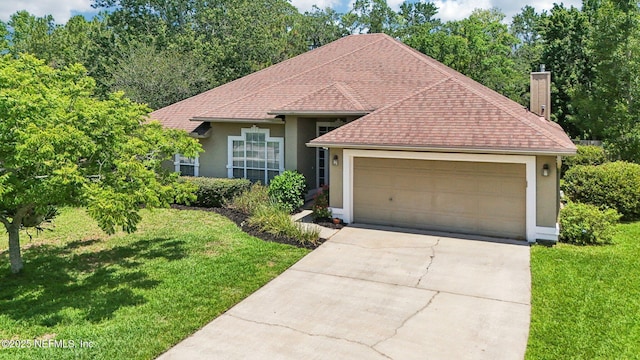 1708 Bridled Tern Ct, Fleming Island, FL 32003 - ranch-style house featuring stucco siding, a front yard, a chimney, driveway, and a garage
