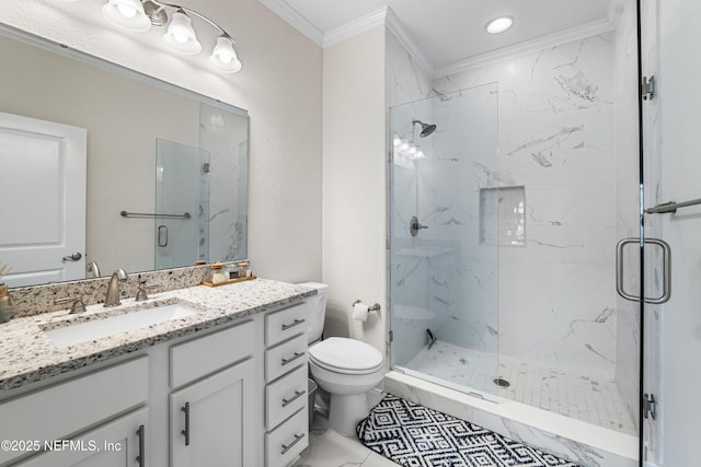 2189 2nd St S, Jacksonville Beach, FL 32250 - bathroom with crown molding, a marble finish shower, toilet, vanity, and recessed lighting