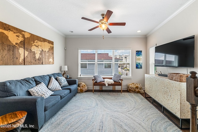 2189 2nd St S, Jacksonville Beach, FL 32250 - living area featuring a ceiling fan, baseboards, ornamental molding, recessed lighting, and wood finished floors