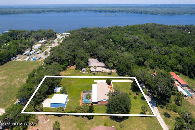 133 Divi Divi Dr, San Mateo, FL 32187 - aerial view of property and surrounding area with property boundaries highlighted, a large body of water, and a heavily wooded area