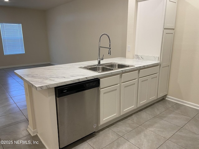 86768 Shortline Cir, Yulee, FL 32097 - kitchen featuring stainless steel dishwasher, a sink, light tile patterned floors, a peninsula, and white cabinetry