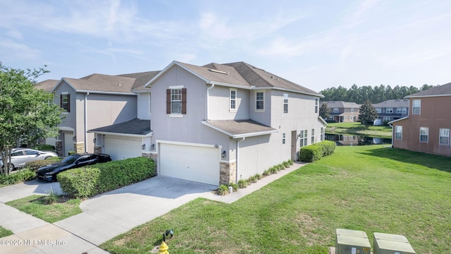 6033 Bartram Village Dr, Jacksonville, FL 32258 - traditional-style home with a residential view, a garage, stucco siding, concrete driveway, and a front lawn