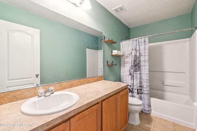6033 Bartram Village Dr, Jacksonville, FL 32258 - full bathroom with toilet, vanity, shower / bathtub combination with curtain, tile patterned flooring, and a textured ceiling