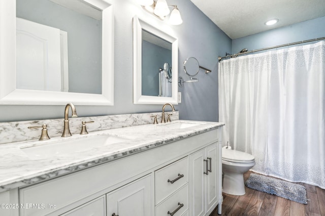 6033 Bartram Village Dr, Jacksonville, FL 32258 - full bath featuring toilet, double vanity, wood finished floors, and a shower with curtain