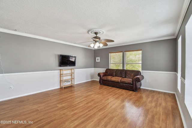 116 Nunna Rock Trl, Saint Augustine, FL 32092 - living room featuring a textured ceiling, wood finished floors, ornamental molding, and a ceiling fan