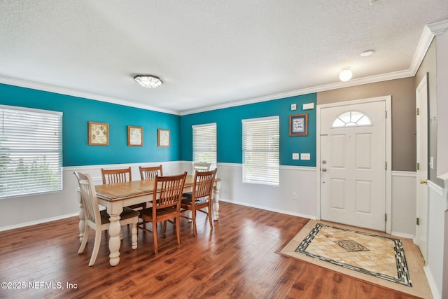 116 Nunna Rock Trl, Saint Augustine, FL 32092 - dining room featuring wood finished floors, healthy amount of natural light, a textured ceiling, and ornamental molding