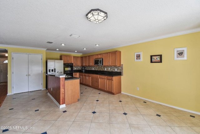 116 Nunna Rock Trl, Saint Augustine, FL 32092 - kitchen with stainless steel appliances, backsplash, light tile patterned flooring, brown cabinetry, and crown molding