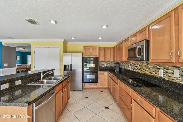 116 Nunna Rock Trl, Saint Augustine, FL 32092 - kitchen with black appliances, a sink, decorative backsplash, ornamental molding, and light tile patterned floors