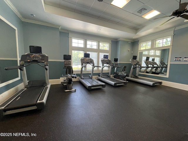 10312 Benson Lake Dr, Jacksonville, FL 32222 - exercise room featuring a tray ceiling, crown molding, baseboards, a ceiling fan, and a drop ceiling