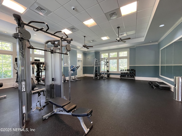 10312 Benson Lake Dr, Jacksonville, FL 32222 - exercise room featuring baseboards, ceiling fan, and crown molding