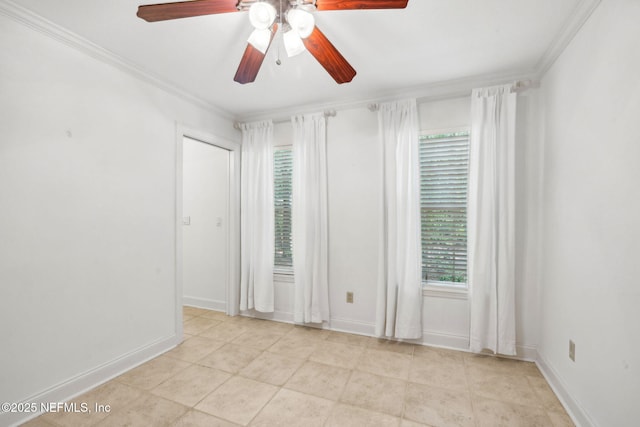 2153 Mills Rd, Jacksonville, FL 32216 - empty room featuring a ceiling fan, ornamental molding, baseboards, and light tile patterned floors