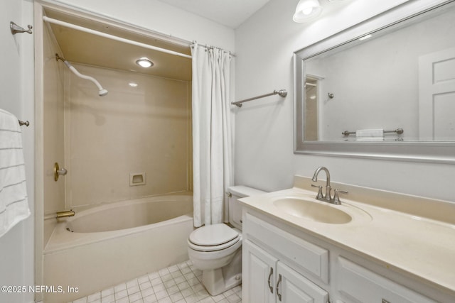 2153 Mills Rd, Jacksonville, FL 32216 - bathroom featuring shower / tub combo with curtain, vanity, toilet, and tile patterned floors