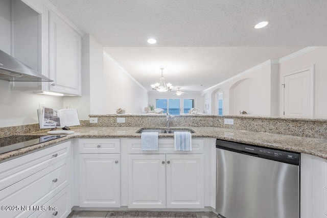 1201 1st St N Unit 1002, Jacksonville Beach, FL 32250 - kitchen featuring stainless steel dishwasher, a sink, wall chimney range hood, crown molding, and a chandelier