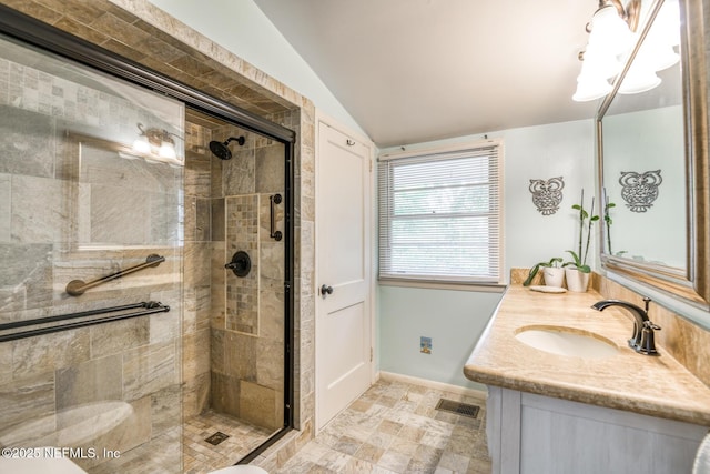 1643 Fishweir Creek Ln, Jacksonville, FL 32205 - bathroom with lofted ceiling, vanity, a shower stall, and baseboards