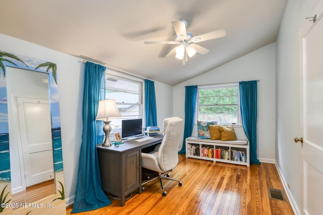 1643 Fishweir Creek Ln, Jacksonville, FL 32205 - office area featuring light wood-type flooring, a ceiling fan, and vaulted ceiling