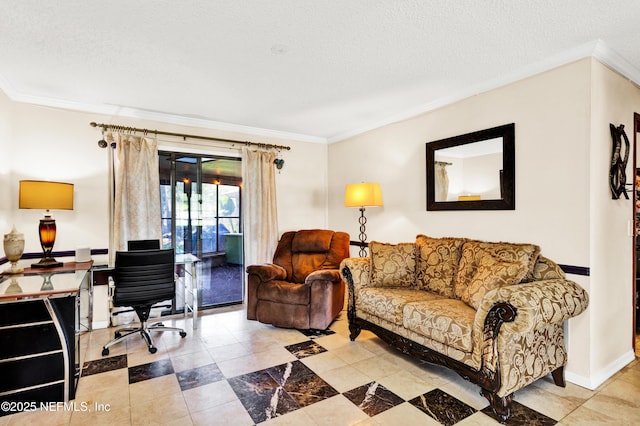 3111 Old Port Cir E, Jacksonville, FL 32216 - tiled living room featuring ornamental molding, an office area, a textured ceiling, and baseboards