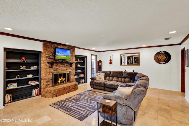 3111 Old Port Cir E, Jacksonville, FL 32216 - tiled living area featuring recessed lighting, ornamental molding, a textured ceiling, built in features, and a fireplace