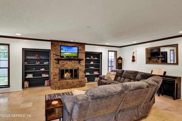 3111 Old Port Cir E, Jacksonville, FL 32216 - living room featuring a textured ceiling, crown molding, light tile patterned flooring, recessed lighting, and a fireplace