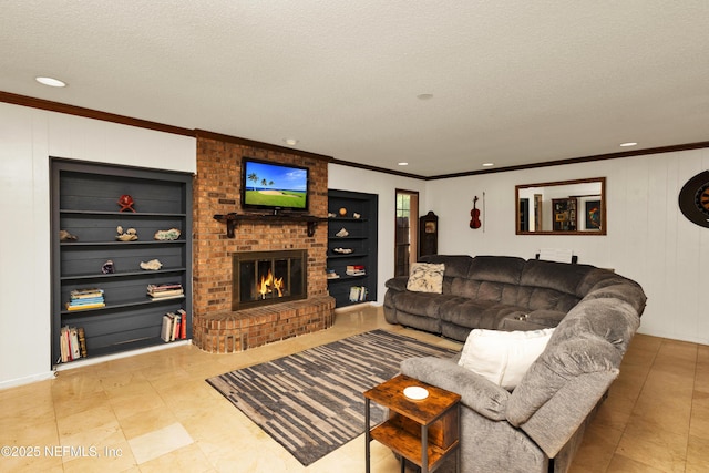 3111 Old Port Cir E, Jacksonville, FL 32216 - tiled living room with ornamental molding, built in shelves, a textured ceiling, a brick fireplace, and recessed lighting