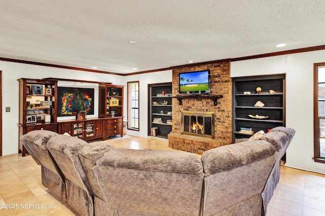 3111 Old Port Cir E, Jacksonville, FL 32216 - living area featuring a textured ceiling, crown molding, a fireplace, light tile patterned floors, and recessed lighting