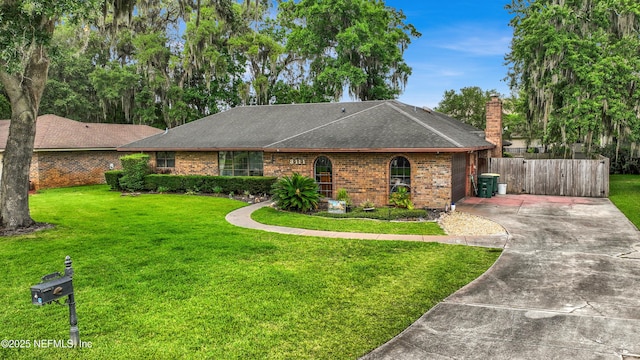 3111 Old Port Cir E, Jacksonville, FL 32216 - ranch-style house featuring driveway, brick siding, roof with shingles, and a chimney