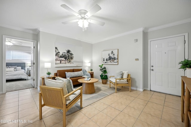 1655 The Greens Way Unit 2612, Jacksonville Beach, FL 32250 - living room with a ceiling fan, light tile patterned flooring, ornamental molding, and baseboards