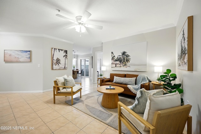 1655 The Greens Way Unit 2612, Jacksonville Beach, FL 32250 - living room with light tile patterned floors, a ceiling fan, crown molding, and baseboards