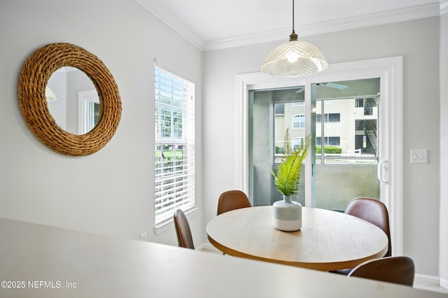 1655 The Greens Way Unit 2612, Jacksonville Beach, FL 32250 - dining area featuring crown molding, baseboards, and a ceiling fan