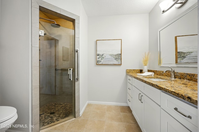 1655 The Greens Way Unit 2612, Jacksonville Beach, FL 32250 - full bathroom featuring vanity, a stall shower, toilet, baseboards, and tile patterned flooring