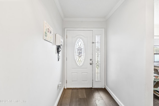 918 Arkenstone Dr, Jacksonville, FL 32225 - foyer entrance featuring dark wood-style floors, ornamental molding, and baseboards