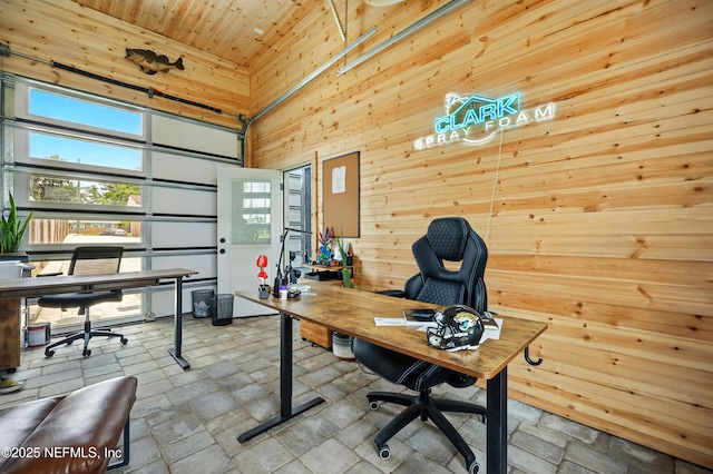 276 Baisden Rd, Jacksonville, FL 32218 - office area with wood ceiling, wood walls, a towering ceiling, and stone finish floors