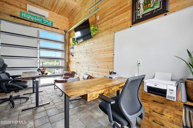 276 Baisden Rd, Jacksonville, FL 32218 - office space featuring wooden walls, a wall mounted AC, stone finish flooring, and wood ceiling