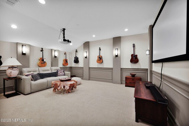 71 Deer Ridge Dr, Ponte Vedra, FL 32081 - cinema room featuring carpet, recessed lighting, a wainscoted wall, and a decorative wall