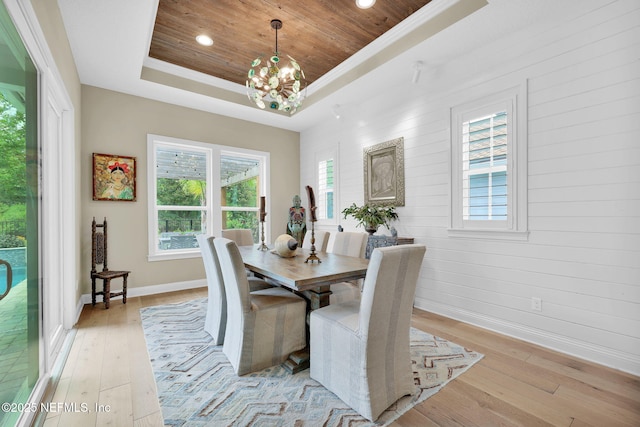 71 Deer Ridge Dr, Ponte Vedra, FL 32081 - dining area with wooden ceiling, baseboards, a tray ceiling, light wood-type flooring, and a chandelier