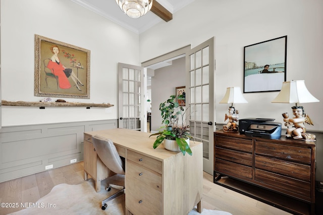 71 Deer Ridge Dr, Ponte Vedra, FL 32081 - office area featuring crown molding, french doors, light wood finished floors, ceiling fan, and wainscoting