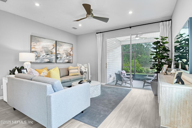 95 Elm Creek Dr, Saint Augustine, FL 32092 - living room featuring a ceiling fan, recessed lighting, and light wood-style flooring