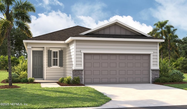 95 Elm Creek Dr, Saint Augustine, FL 32092 - view of front of house featuring driveway, a front lawn, a garage, a shingled roof, and stone siding