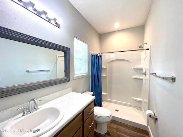 1303 Bonaventure Ave, Green Cove Springs, FL 32043 - bathroom featuring wood finished floors, a shower with shower curtain, vanity, and toilet