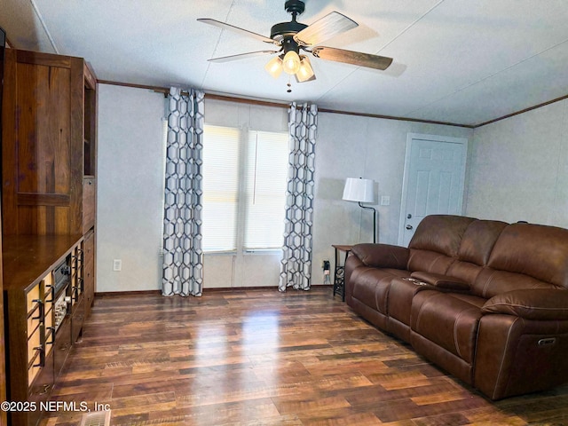104 Waterway Ave, Satsuma, FL 32189 - living room with wood finished floors, ceiling fan, ornamental molding, and baseboards