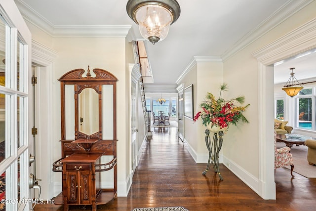 145 River Rd, Orange Park, FL 32073 - corridor with a chandelier, dark wood-style floors, crown molding, and baseboards